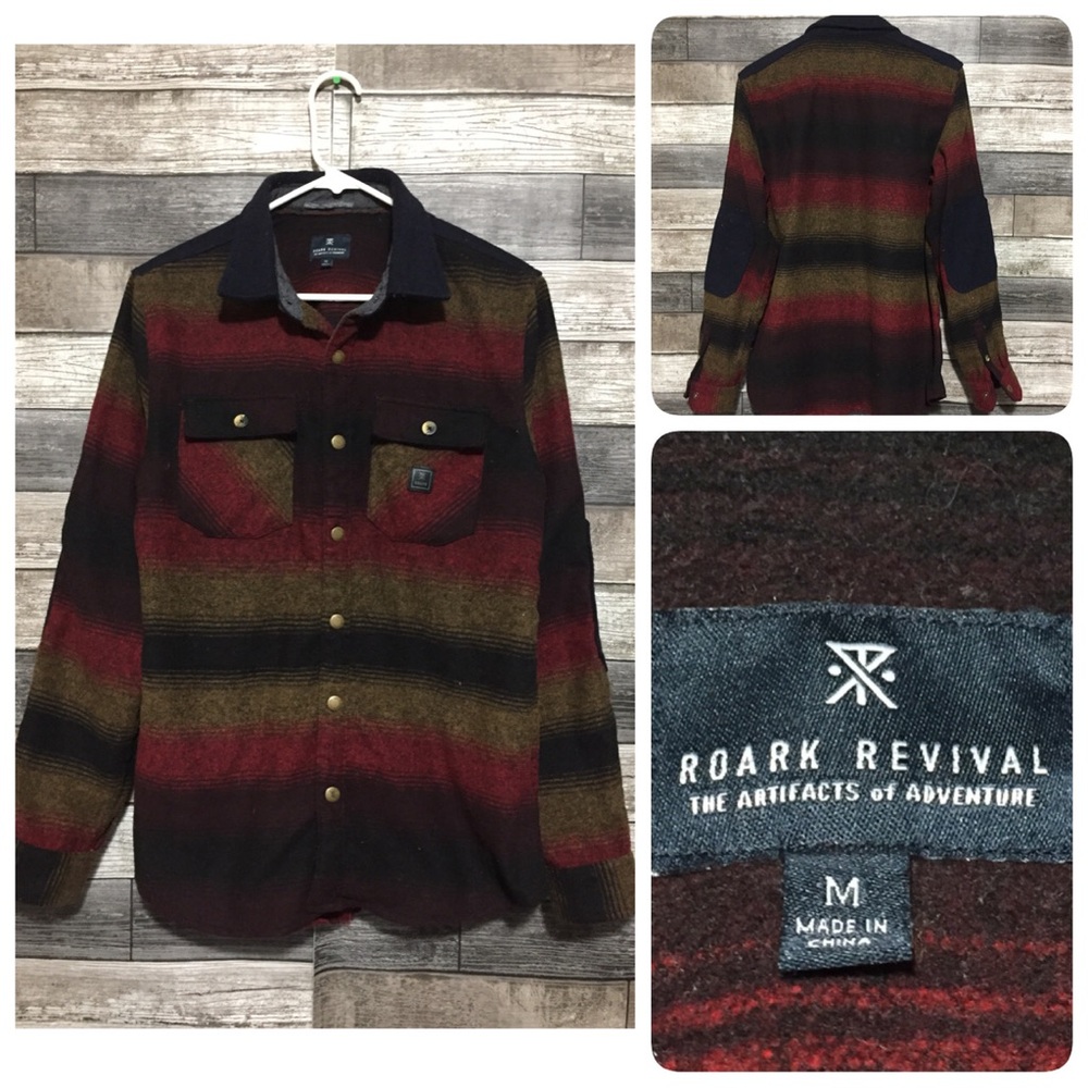 Roark Revival Shirt Jacket Men’s M Stripe Polyester Wool Snap Button (Read Desc)